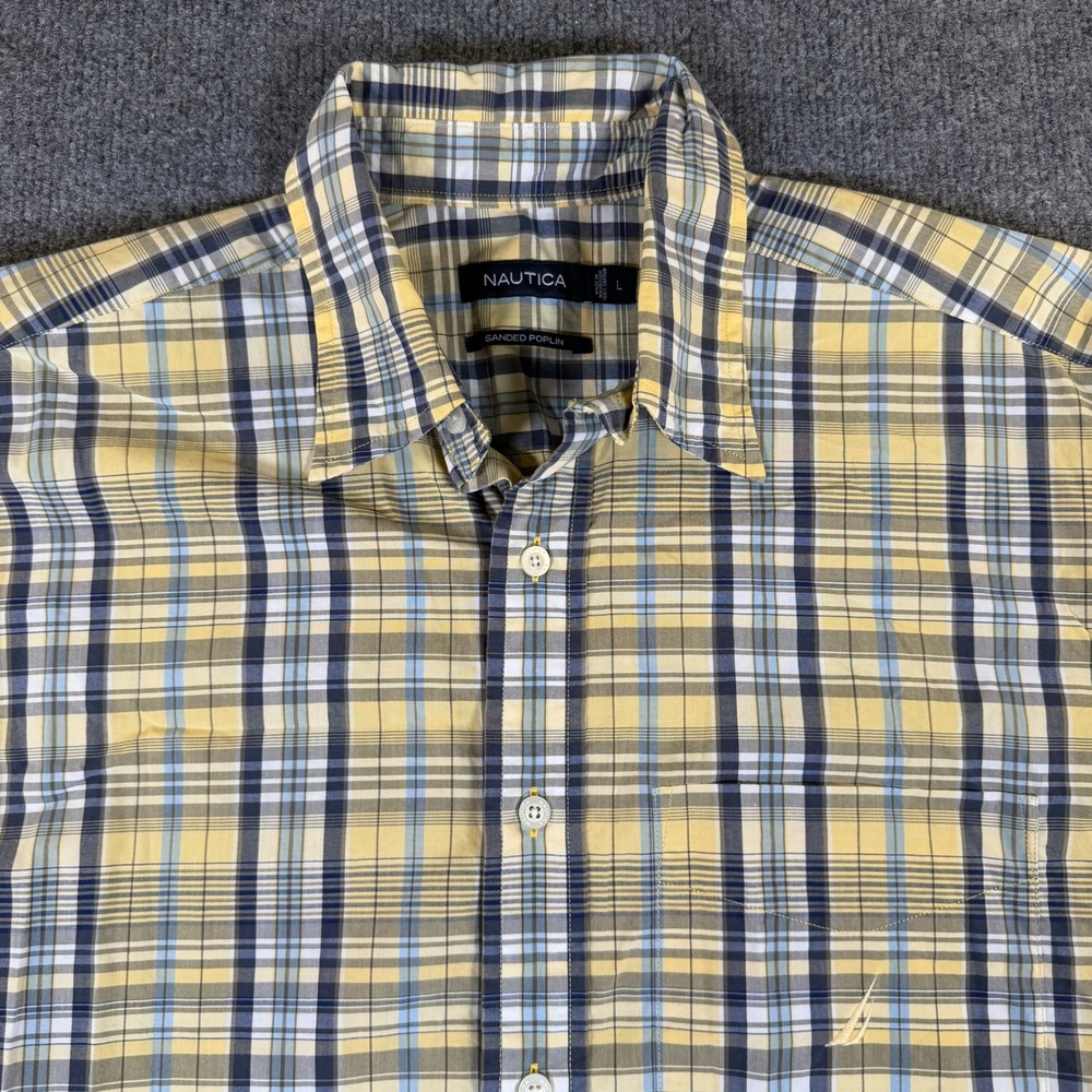 Nautica Mens Large Poplin Plaid Short Sleeve Button Down Shirt Yellow #4089